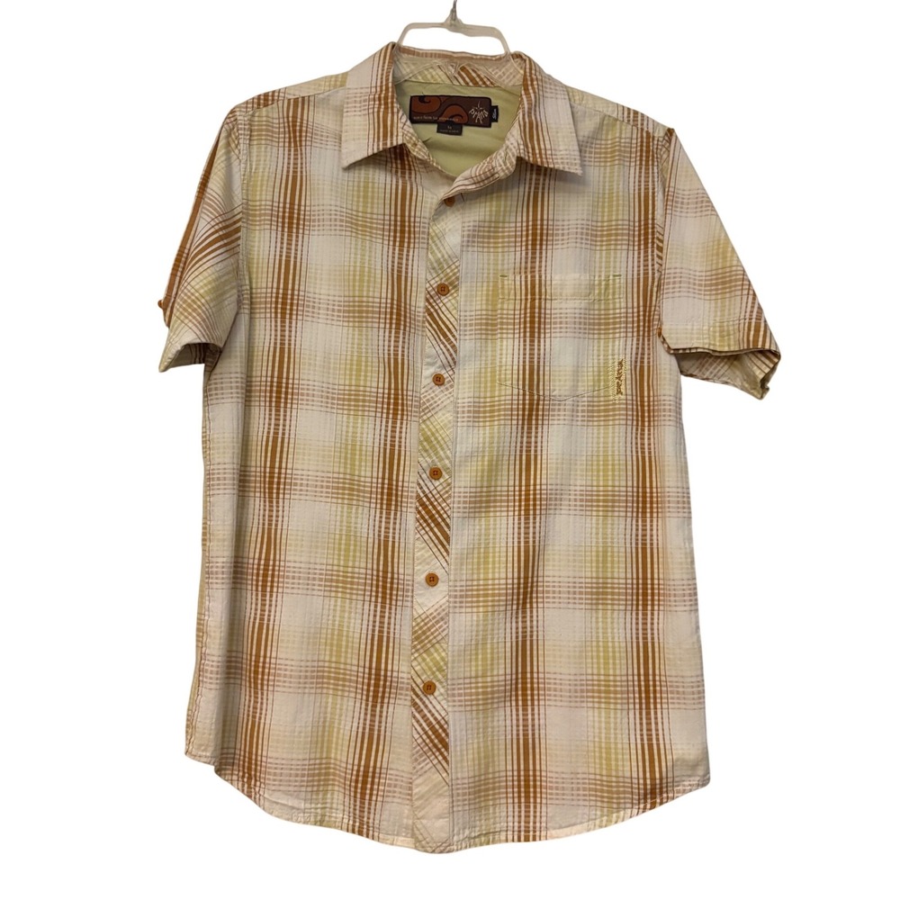 Prana Mens Slim Fit Short Sleeve Plaid Button Down Shirt Brown Yellow Cotton M